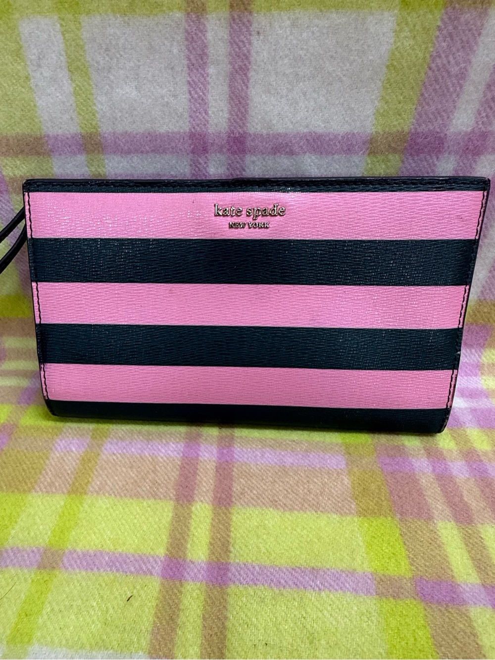 kate spade Pink and Black Striped Wristlet Clutch